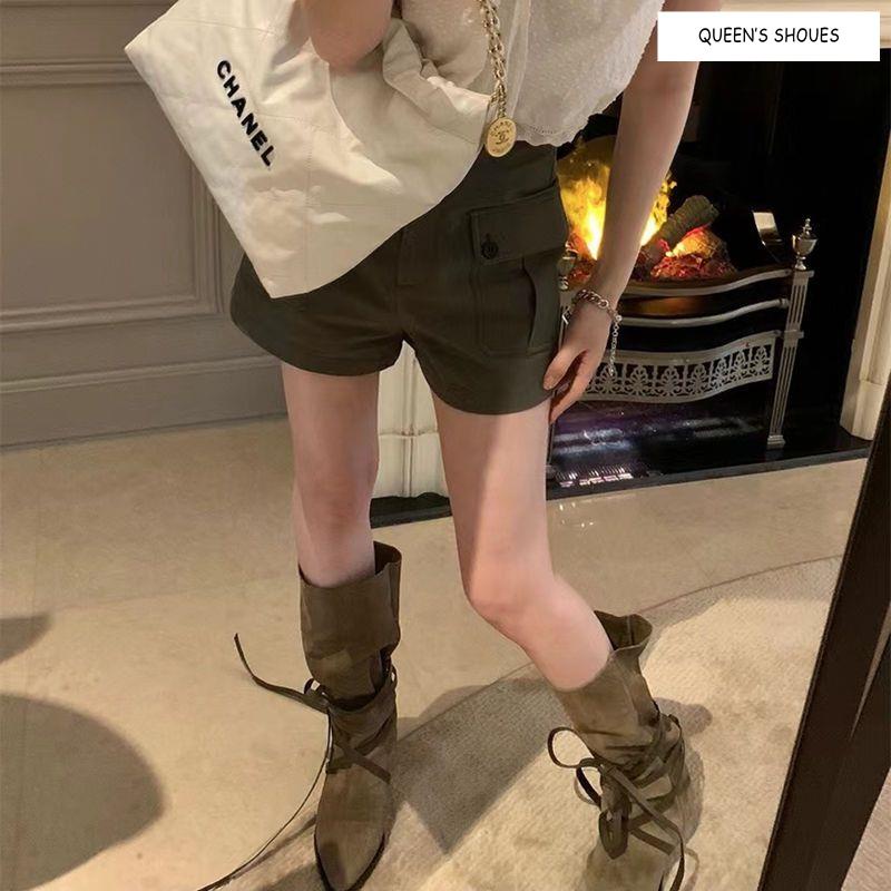 Giày Bốt Denim Mũi Nhọn Gót Thấp Buộc Dây Kiểu Retro Phương Tây Cá Tính Cho Nữ