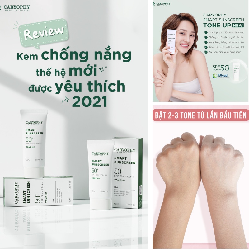 Kem chống nắng Caryophy cho da dầu mụn hàn quốc 3in1 smart sunscreen tone up spf50 50ml