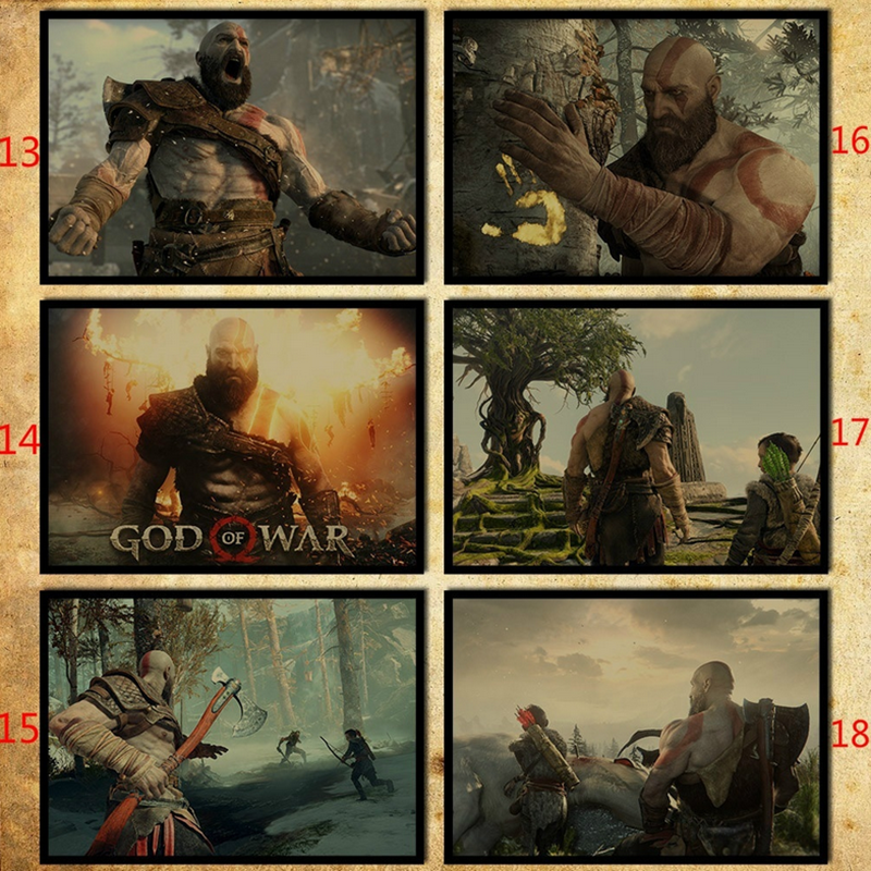 1 tấm áp phích dán tường hình Game God Of War 4 Kratos Atreus phong cách cổ điển