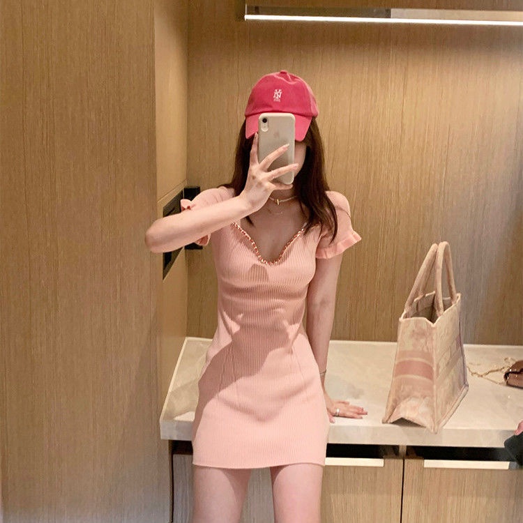 Jiashucheng Đầm Dệt Kim Mỏng Tay Ngắn Dáng Ôm Thời Trang Mùa Hè Pháp Ngọt Ngào Quyến Rũ Dành Cho Nữ