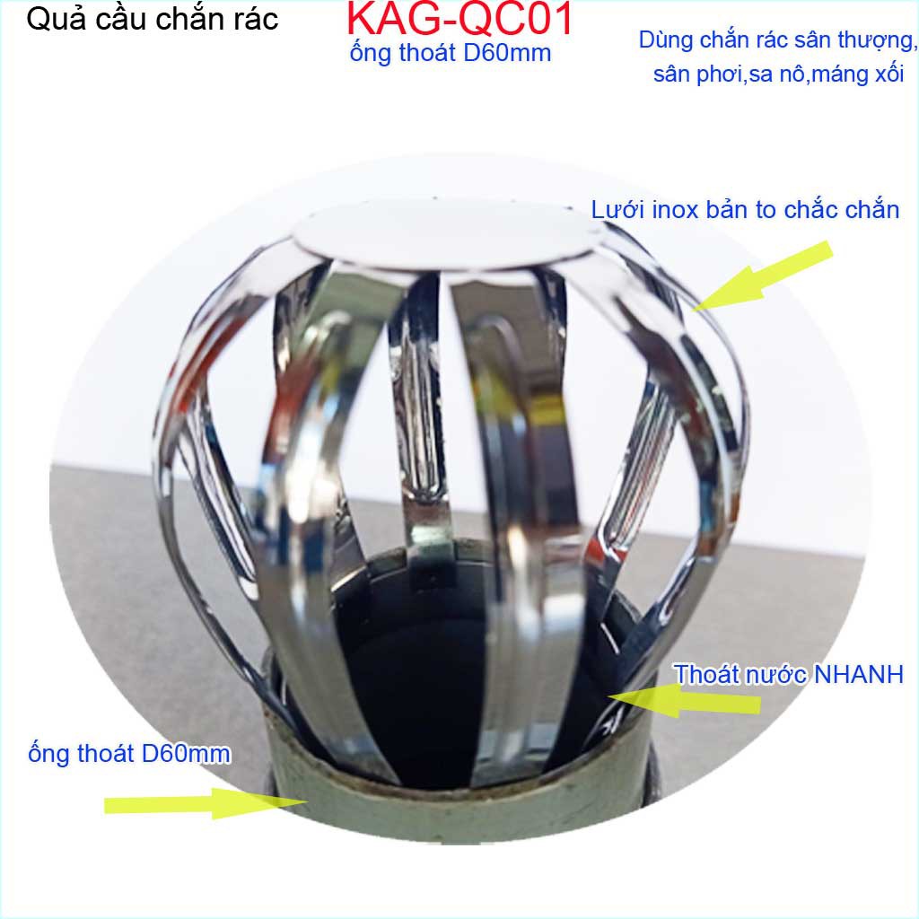 Cầu chặn rác sân thượng inox D60 KAG-QC01, cầu chắn rác ống thoát ngang