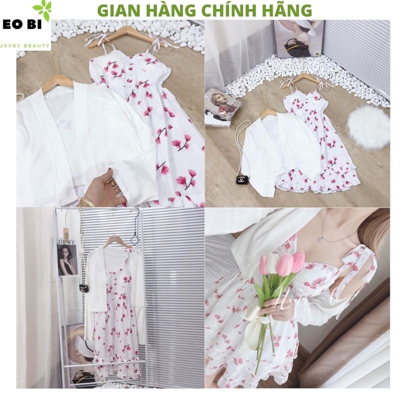 Sét váy hoa 2 dây  tầng kèm áo choàng ngoài mầu trắng tiểu thư bánh bèo ulzzang đầm hàn quốc dễ thương -EOBI