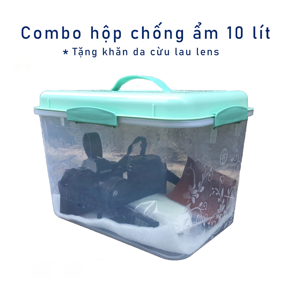 Combo hộp chống ẩm 10 lít bảo quản máy ảnh tặng kèm 200g hạt hút ẩm + khăn da cừu lau lens loại xịn