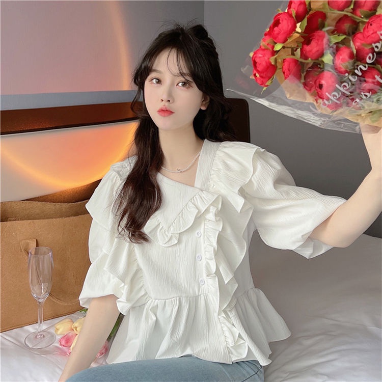 Áo Sơ Mi Nữ Dáng Rộng Cổ Búp Bê Phong Cách Hàn Quốc Thiết Kế Mới Mùa Hè