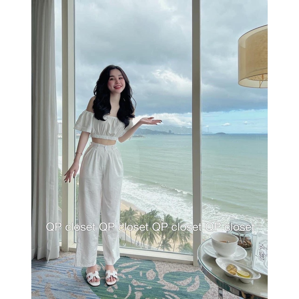 Set áo bẹt vai mix quần ống suông _ Hàng loại đẹp
