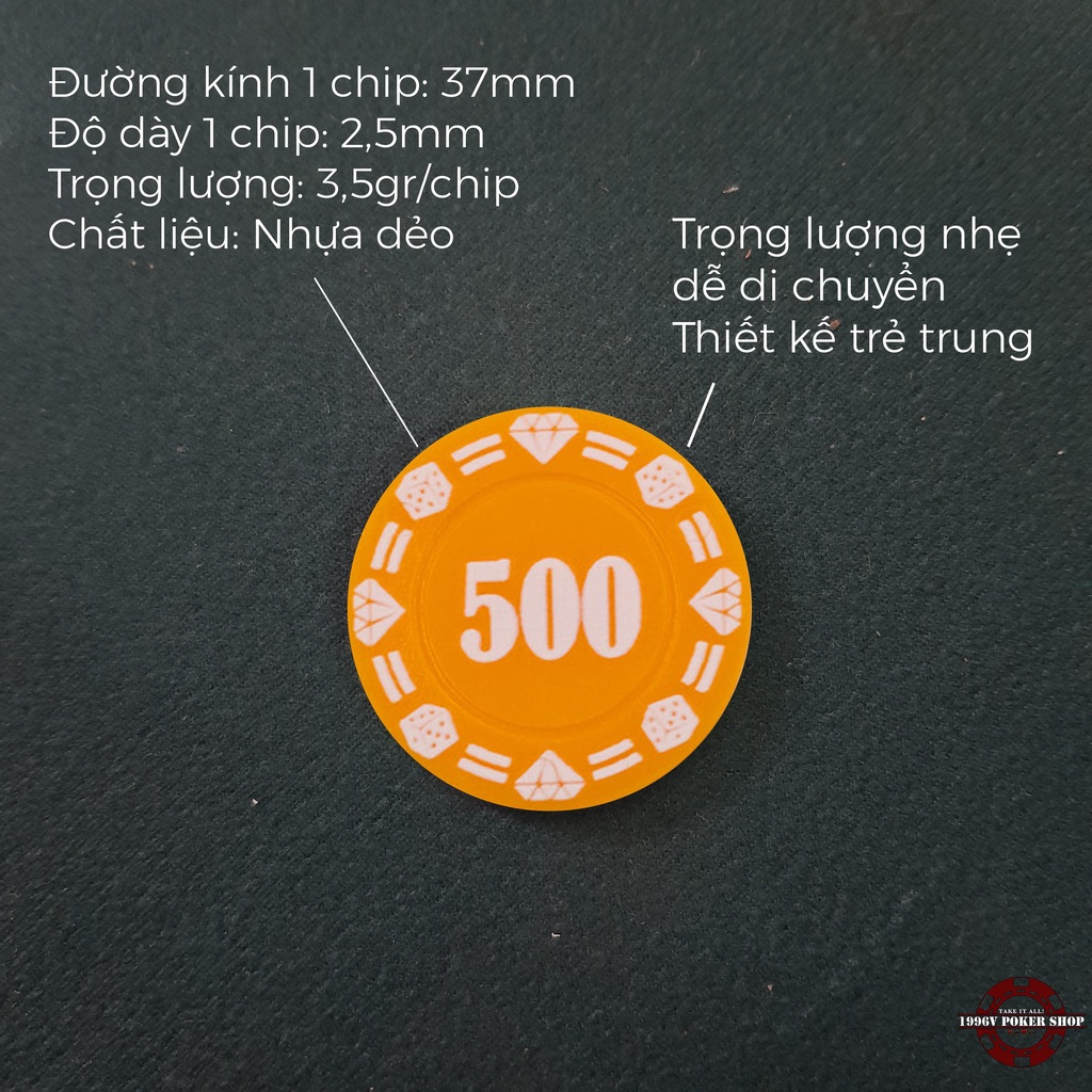 Cọc 25 chip Poker có số, phỉnh poker Kim Cương chip set pocker nhựa dẻo đẹp giá rẻ - 1996V Poker Shop