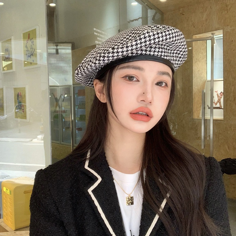 Mũ beret co giãn in họa tiết Houndstooth phong cách Hàn Quốc cho nữ
