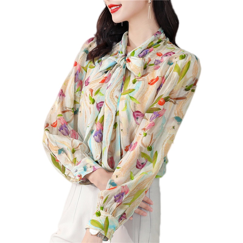 Áo sơ mi voan lụa satin cổ nổi tay dài in hình hoa tulip kiểu retro thời trang cho nữ 2021