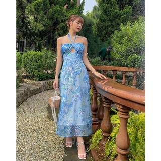 Colus - đầm maxi tơ hoa xanh biển