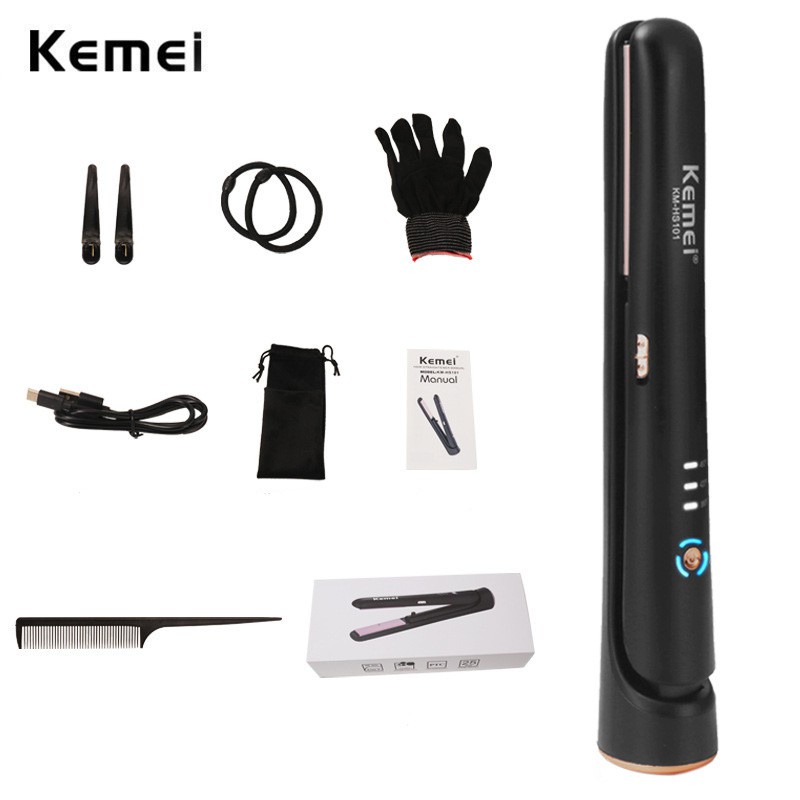 Máy Duỗi Tạo Kiểu Uốn Tóc Không Dây Sạc Pin Qua Cổng USB Kemei HS 101 Có Chỉnh Nhiệt