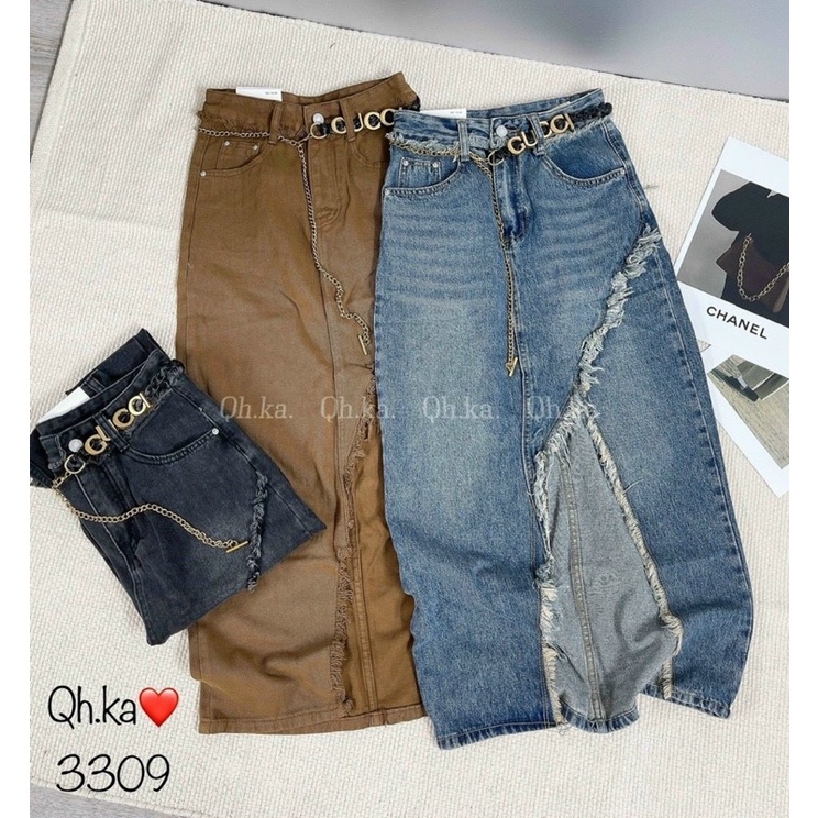 CHÂN VÁY BÒ DÀI XẺ RÁCH KÈM BELT XÍCH GG HÀNG QCL1 MS30017