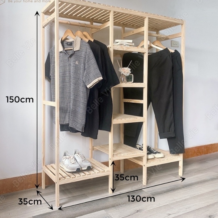 Tủ treo quần áo gỗ thông 3 gian phong cách Hàn Quốc l Giá treo quần áo gỗ thông 150cm x 35cm x 135cm thiết kế 3 gian