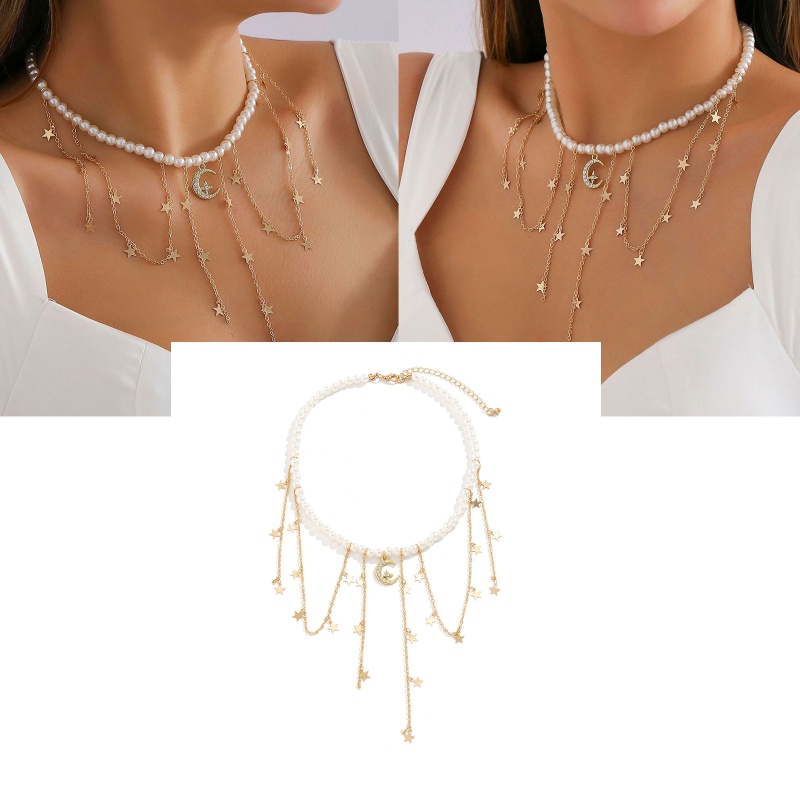 Vòng Cổ Choker Thiết Kế Chuỗi Hạt Ngọc Trai Mặt Ngôi Sao Phong Cách Baroque