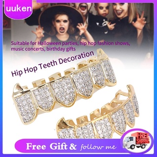 [Uukendh]Bộ phụ kiện trang trí răng trên và dưới có thể tháo được mạ vàng bạc đính kim cương giả phong cách hip hop