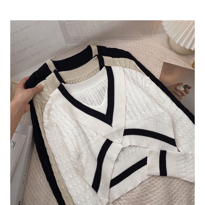 áo len dệt kim hoạ tiết thừng cổ V mix viền tay dài (m1102#)