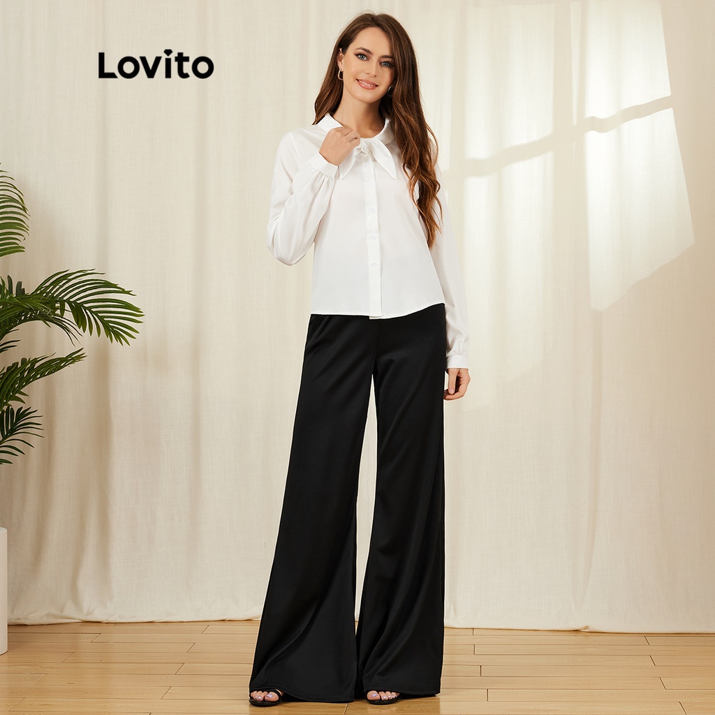 819 VN Delisted Áo kiểu Lovito cột dây ở cổ cài nút màu trơn sang trọng L18X438 (Màu trắng)