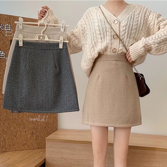 Chân Váy Len Chữ A Lưng Cao Họa Tiết Sọc Caro Phong Cách Retro