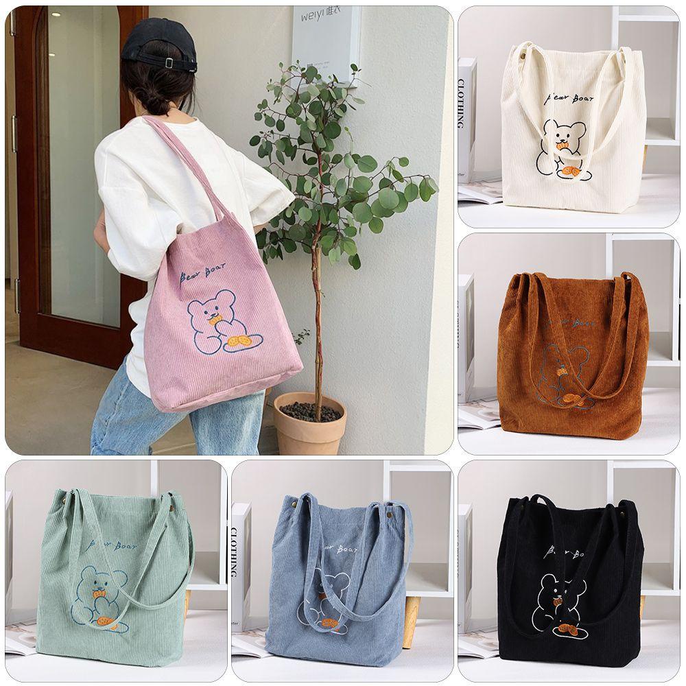 Túi Xách Tote Đeo Vai Vải Nhung Kẻ Hình Gấu Kawaii Nhiều Màu Sắc