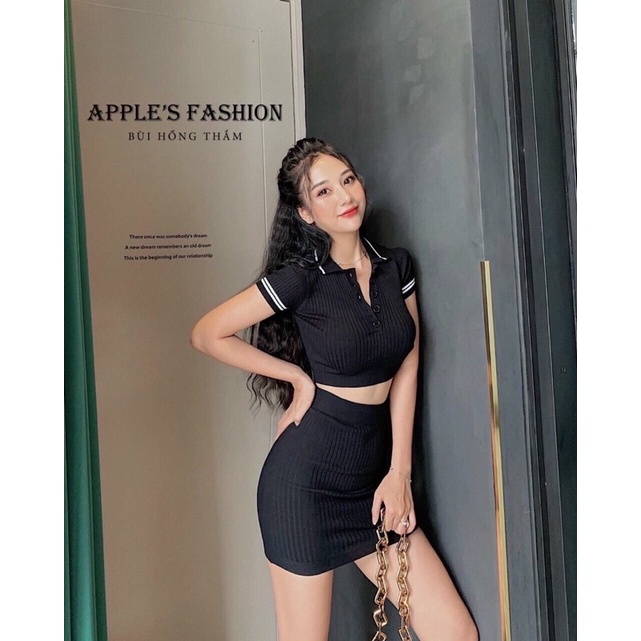 Set áo len tăm cổ đức mix chân váy len zip thể thao năng động