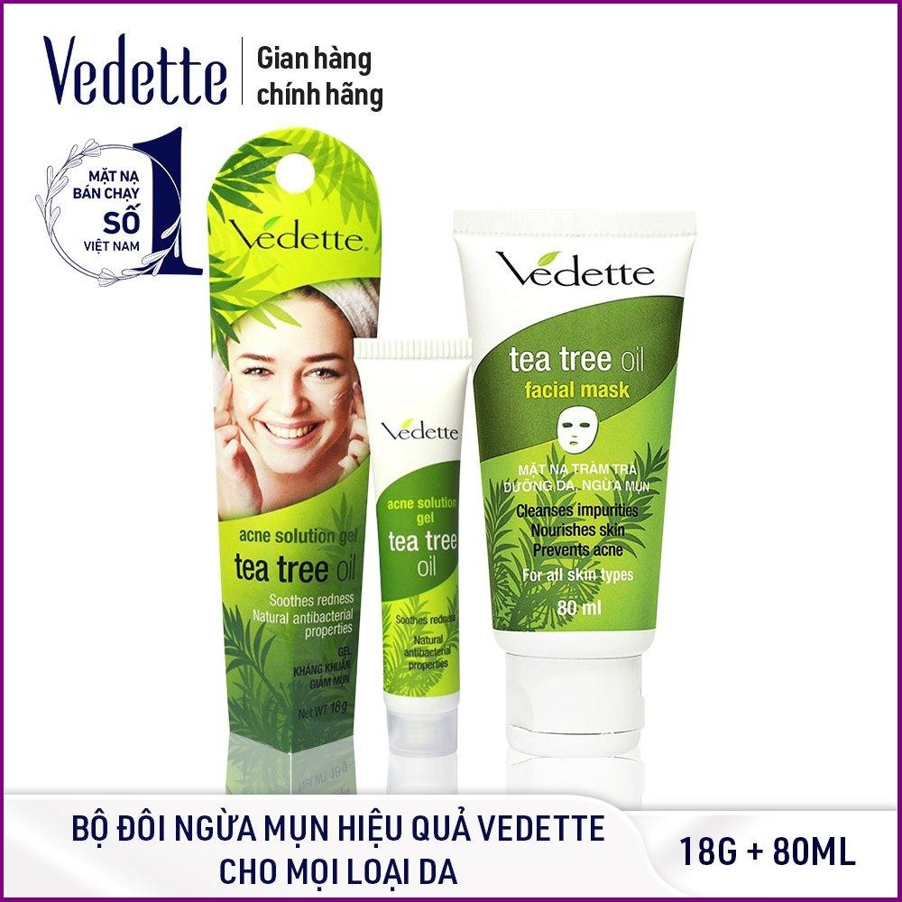 BỘ ĐÔI NGỪA MỤN HIỆU QUẢ VEDETTE - GEL KHÁNG KHUẨN GIẢM MỤN TEA TREE OIL 18g VÀ MẶT NẠ TRÀM TRÀ DƯỠNG DA 80ml - TPMX001