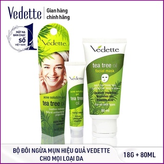 BỘ ĐÔI NGỪA MỤN HIỆU QUẢ VEDETTE - GEL KHÁNG KHUẨN GIẢM MỤN TEA TREE OIL 18g VÀ MẶT NẠ TRÀM TRÀ DƯỠNG DA 80ml - TPMX001