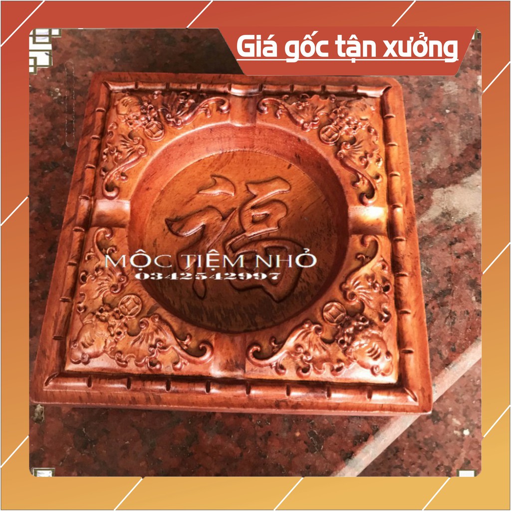 GIÁ GỐC  Gạt tàn vuông gỗ hương chạm khắc chữ phúc,hoa văn tinh xảo