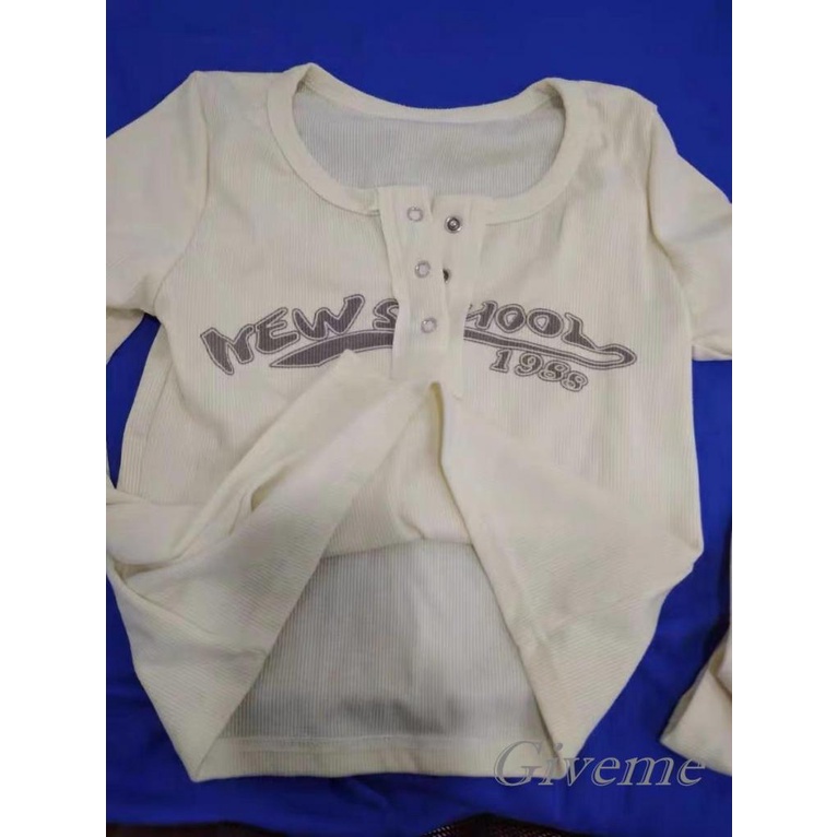 Áo Crop Top Dệt Kim Dài Tay In Chữ Y2k Thời Trang