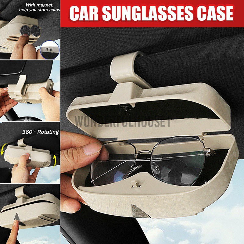 2021 3Colors Portable Car Sunglasses Storage Case Card Bill Holder Box 360° Rotating Dustproof/Heat-resistant/Shock-proof Car Glasses Holder for Car Sun Visor