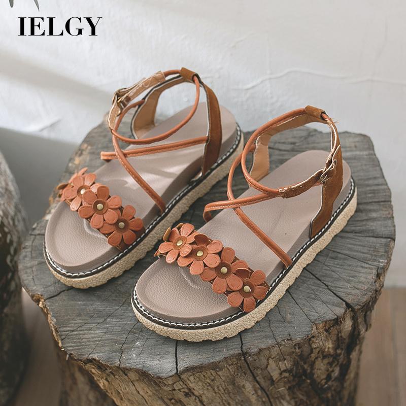 IELGY Giày xăng đan nữ mặt đính bông hoa thời trang retro xinh xắn