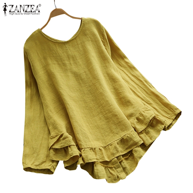 Áo kiểu tay dài cổ tròn xếp ly kiểu dáng thời trang dành cho nữ ZANZEA