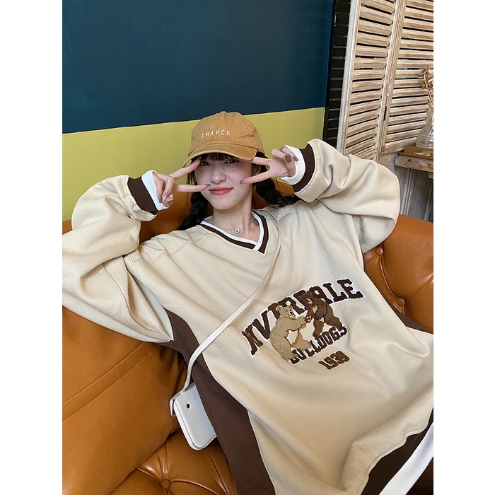 Áo sweater cổ chữ V dài tay dáng rộng phong cách Hàn Quốc thời trang dành cho nữ