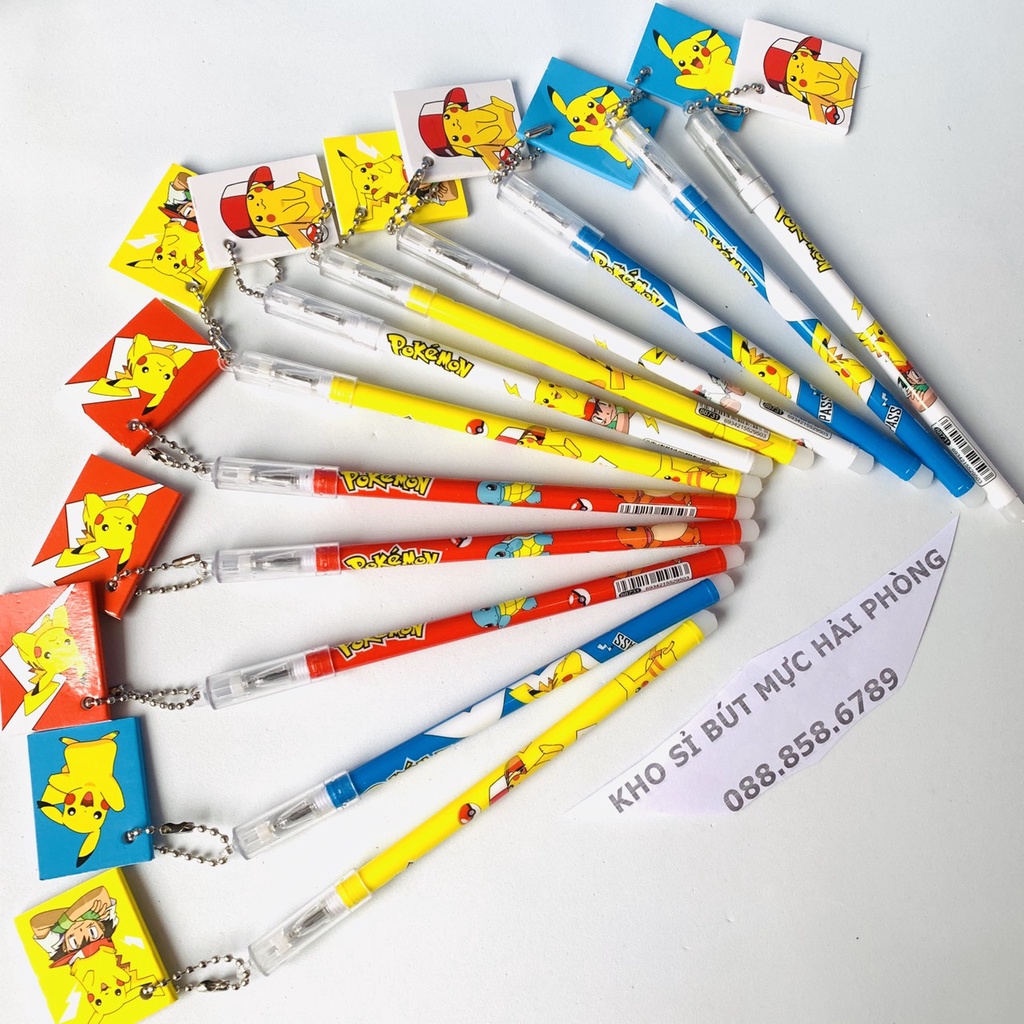 Bút bi gel pikachu treo móc bút cute mới nhiều mầu sắc và hình ảnh mới cực đẹp hộp 12 cái