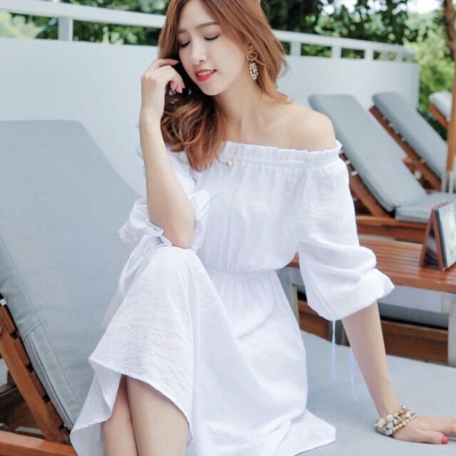 Đầm trễ vai màu trắng, đầm maxi trễ vai, đầm trắng trễ vai thắt nơ