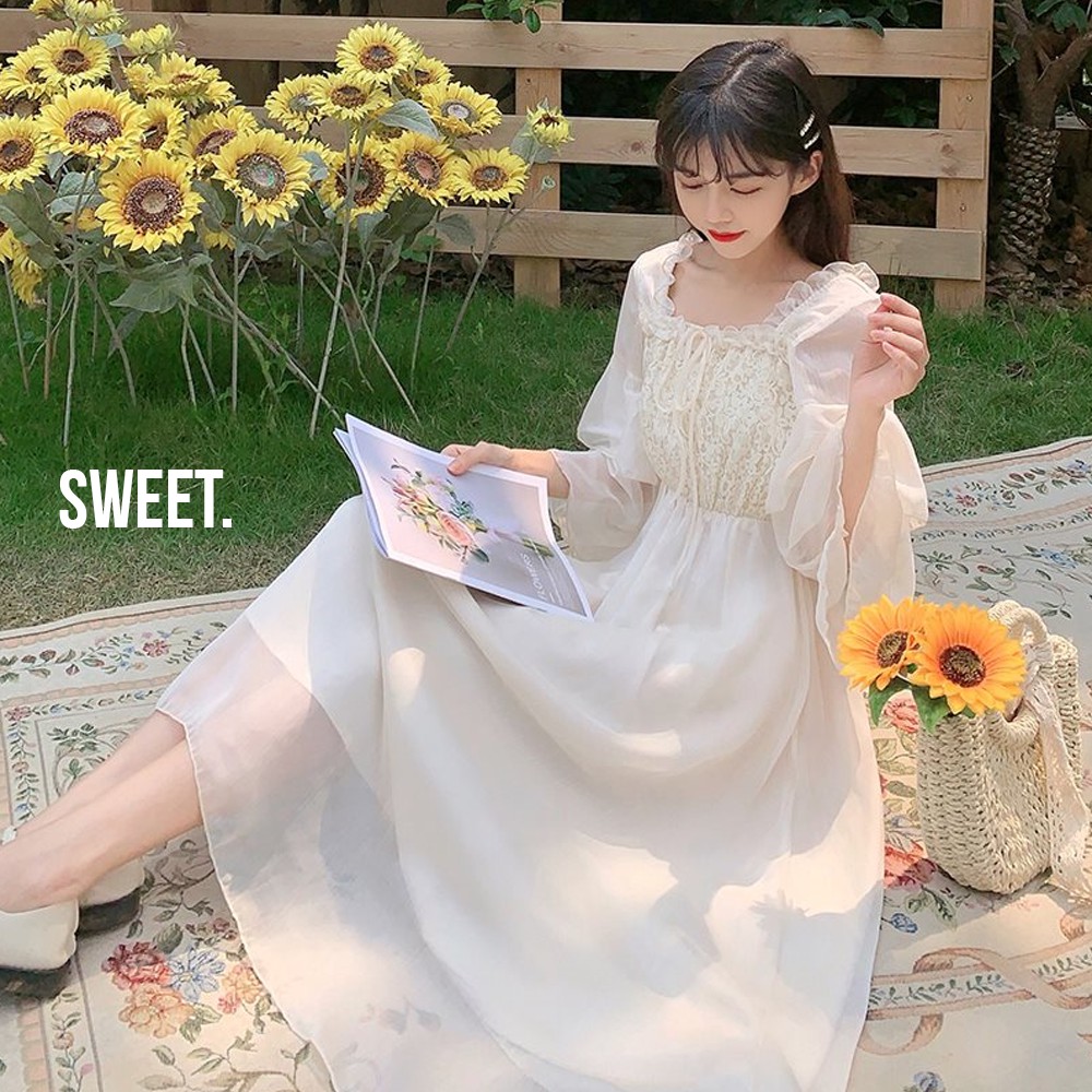 Váy Công Chúa Tay Dài Xòe Dáng Dài / Đầm Voan Tay Bồng Ulzzang Hàn Quốc Bánh Bèo Dễ Thương V00054 | BigBuy360 - bigbuy360.vn