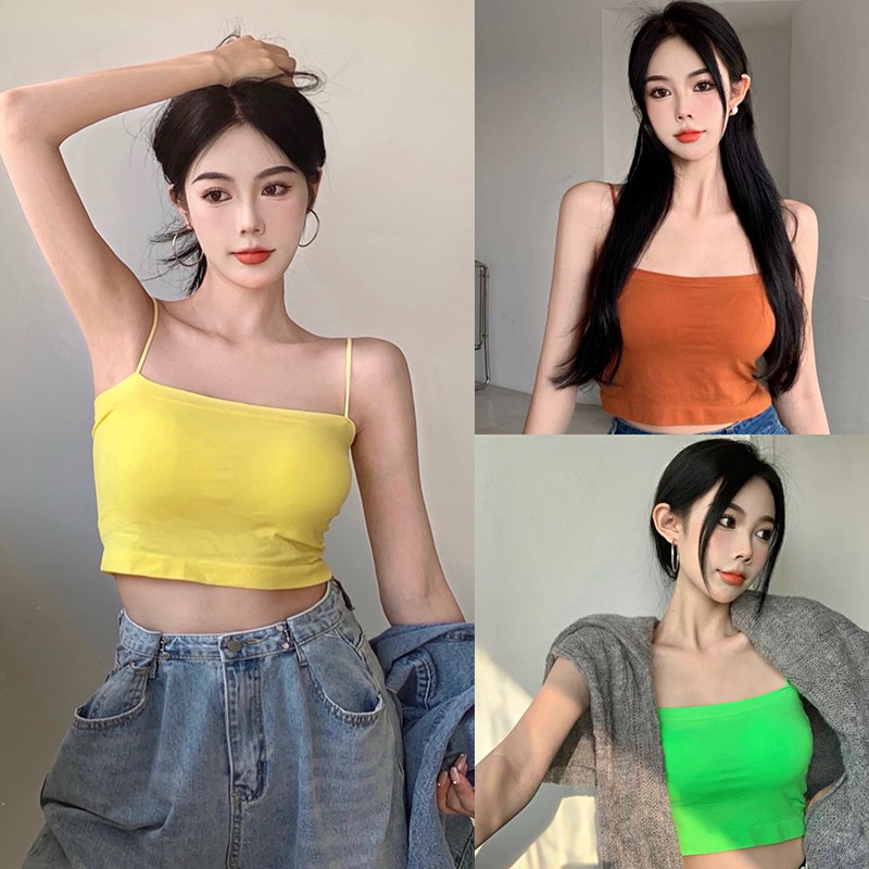 Áo Crop Top Hai Dây Có Mút Đệm Màu Sắc Trơn Phong Cách Hàn Quốc Thời Trang Cho Nữ