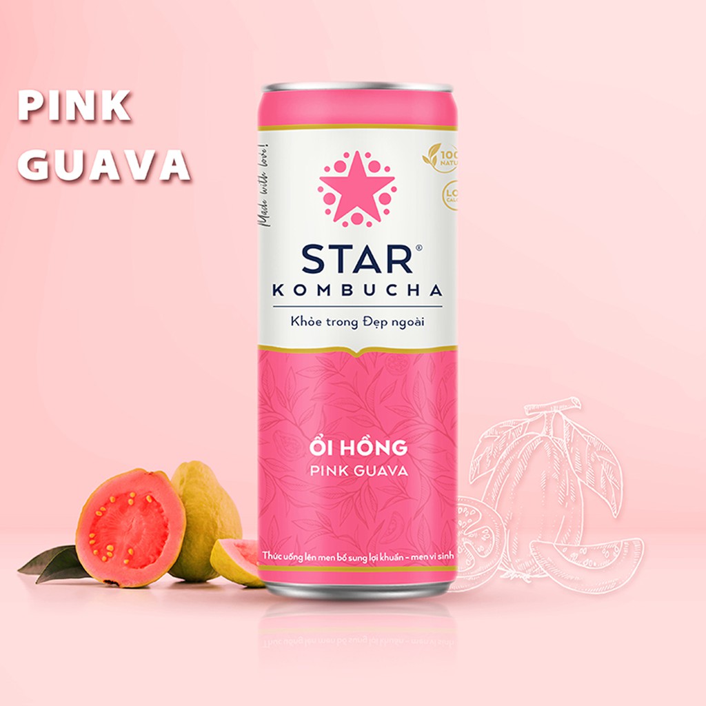 Thùng 12 lon STAR KOMBUCHA Ổi Hồng / Pink Guava (250ml/lon) - Trà lên men vi sinh chứa probiotics bảo vệ sức khoẻ