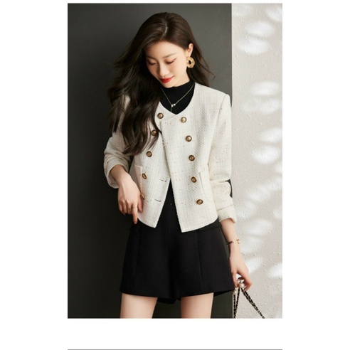 Hàng nhập - Áo khoác dạ Tweet nữ form ngắn cài 2 hàng nút, áo bomber cổ tim tay dài trẻ trung