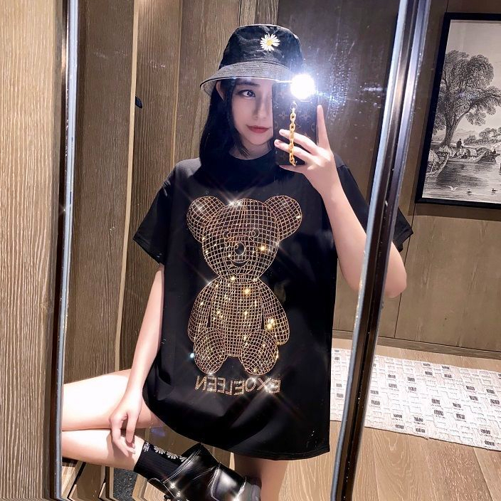 Áo thun nữ tay ngắn dáng rộng in hình gấu dễ thương