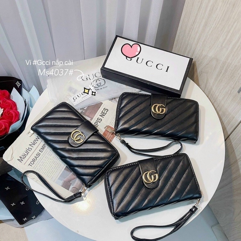 Ví dài thời trang nữ nắp cài g.u.c.c.i da bóng trần chỉ siêu đẹp