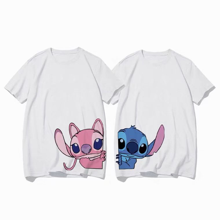 Áo thun tay ngắn dáng rộng in hình nhân vật hoạt hình Stitch thời trang mùa hè dành cho các cặp đôi