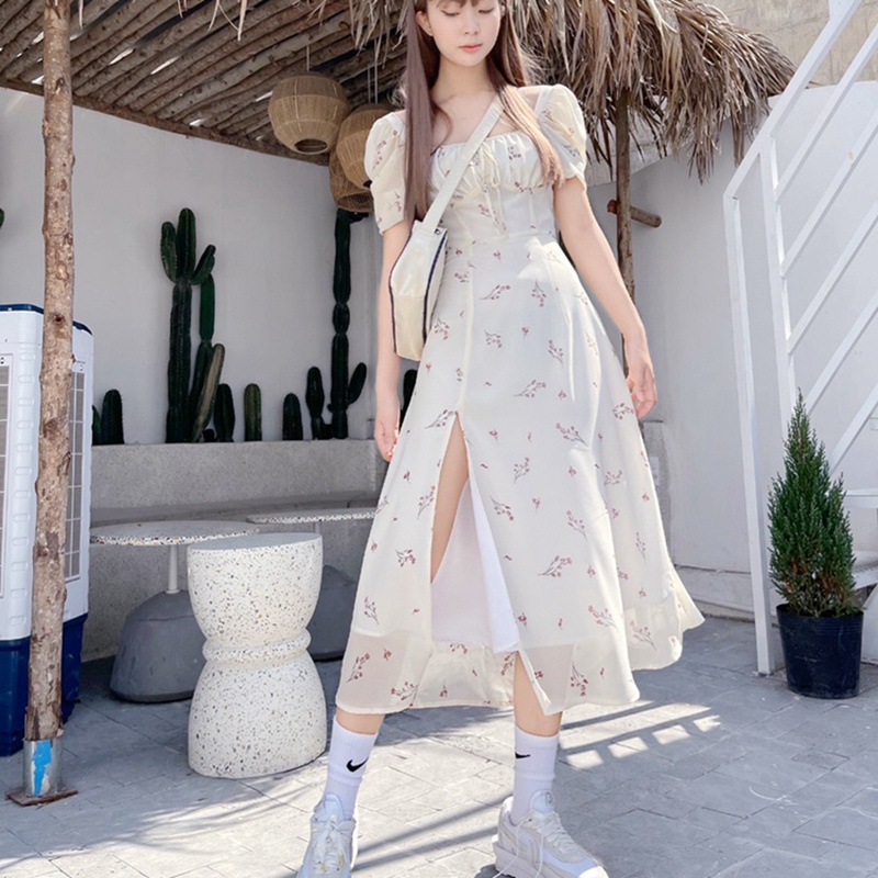 Váy đầm nữ maxi đi biển xẻ tà 2 lớp váy cổ vuông tay bồng xẻ tà dáng dài qua gối