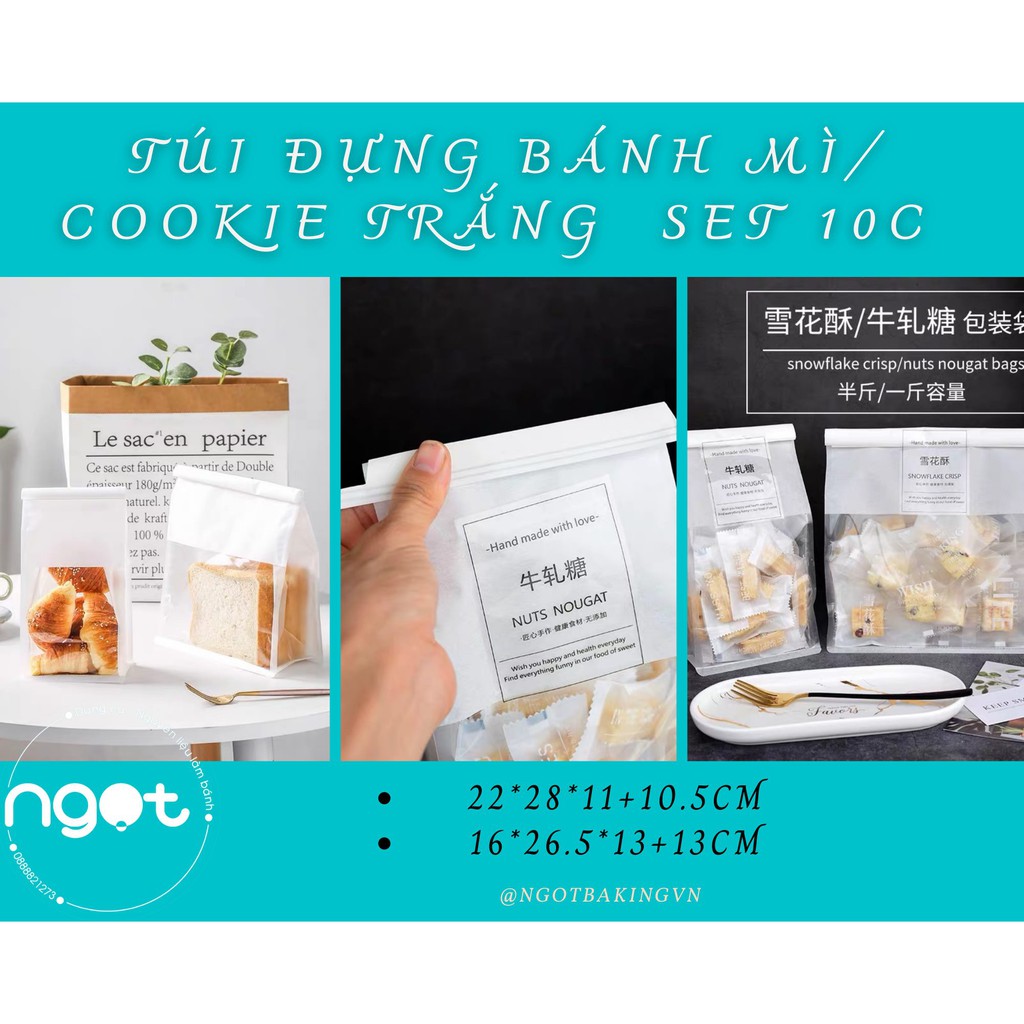 Túi đựng bánh mì/cookie trắng gập miệng (set 10c)