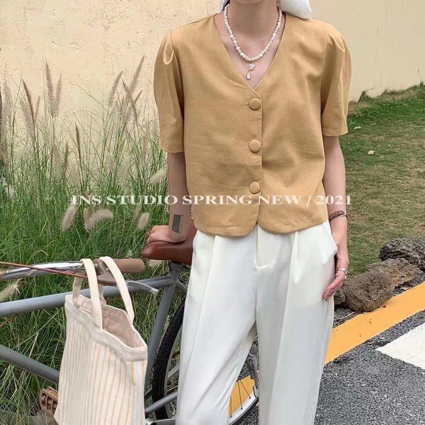 Áo sơ mi cổ tim lienen vàng rhstore | BigBuy360 - bigbuy360.vn