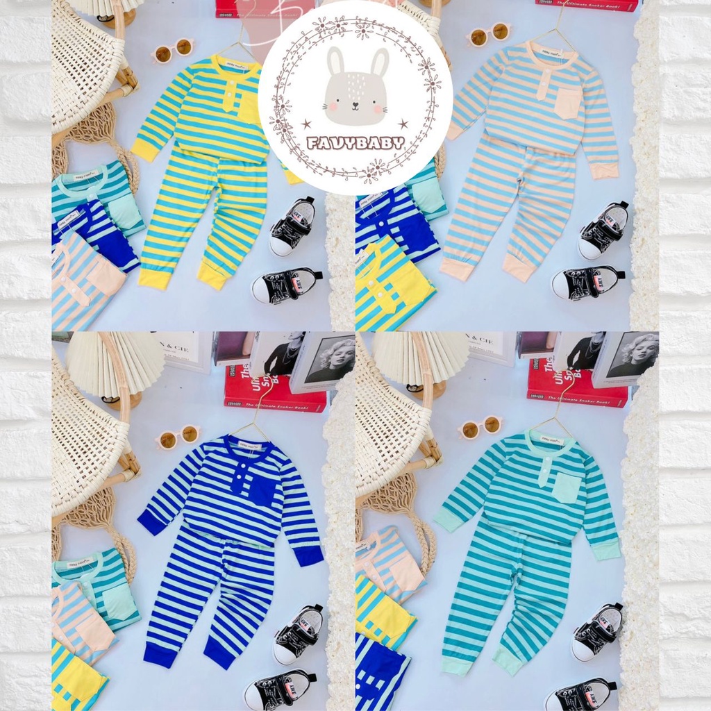 Bộ Dài Tay MINKY MOM Chính Hãng Bé Trai Bé Gái Vải Thun Lạnh Sọc Dệt Visco Có Nút Túi Cho Bé 0 1 2 3 4 5 Tuổi - Favybaby