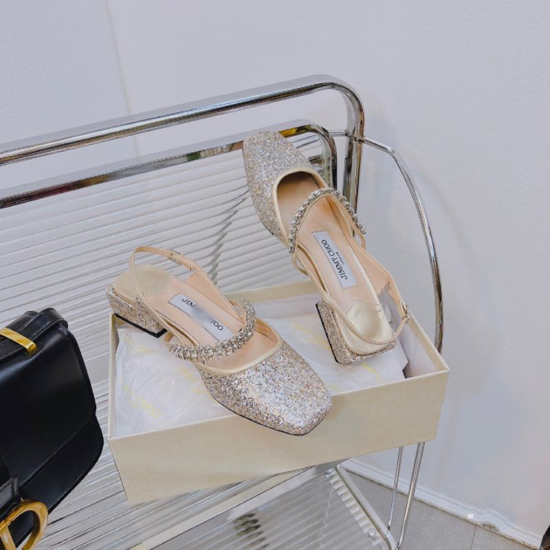 Giày JMC quai đá dáng bệt hở gót da bóng đen đỏ trắng nhũ vang