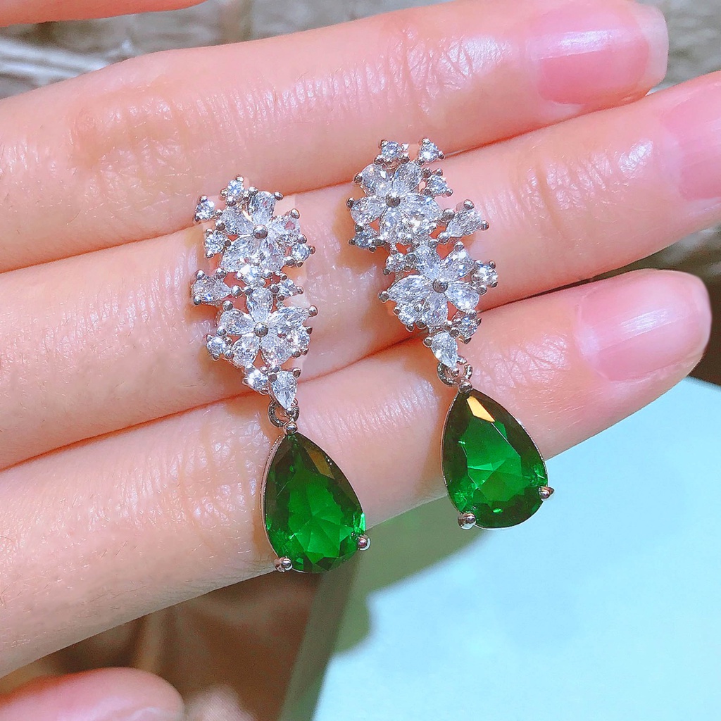 Hoa Tai Dáng Dài Hình Giọt Nước Đính Đá Ngọc Lục Bảo Thời Trang Cho Nữ-JHS4-E