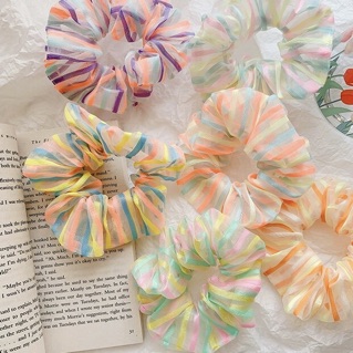 🌈Chun buộc tóc Scrunchie voan kẻ dọc
