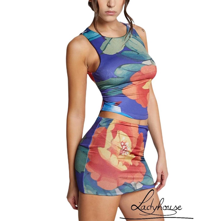 Bộ Áo Croptop 2 Dây Cổ Tròn + Chân Váy Ngắn Ôm Hông Họa Tiết Hoa Phong Cách Retro Mùa Hè Cho Nữ