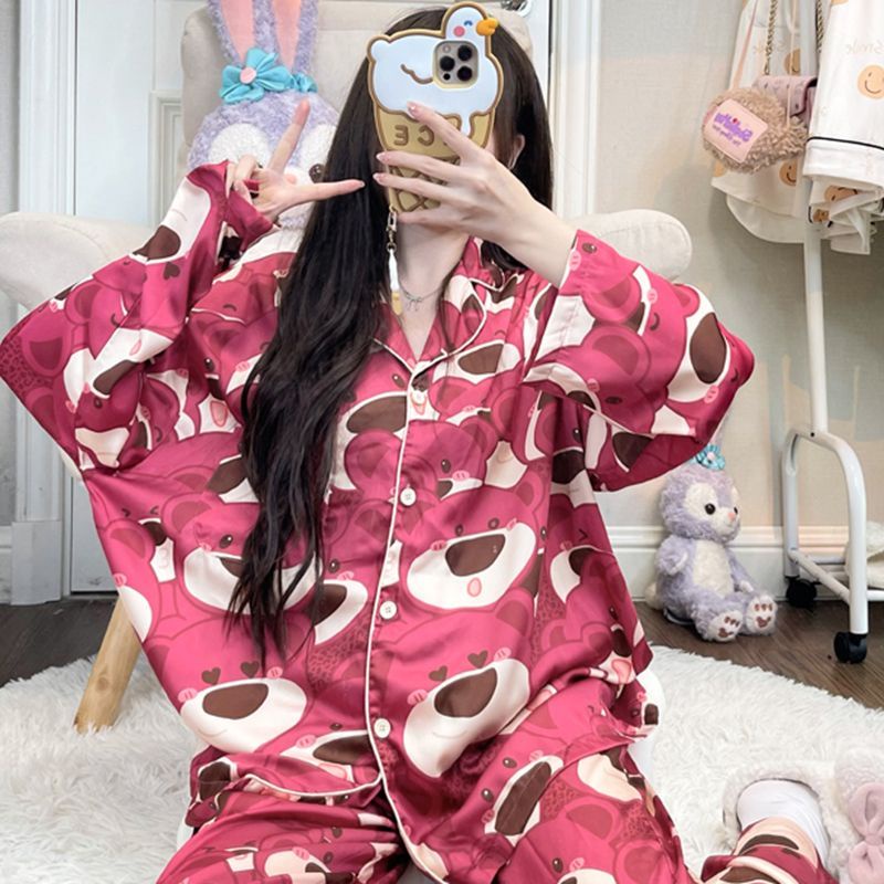Bộ Đồ Ngủ Tay Dài In Hình Gấu Và Dâu Tây Dễ Thương Thời Trang Mùa Thu Cho Nữ