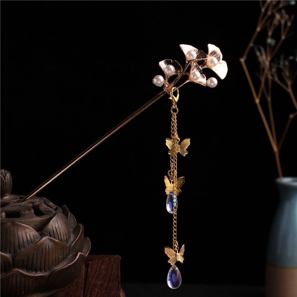 Trâm cài tóc hình bướm đính ngọc trai phối tua rua phong cách Trung Hoa cổ điển thời trang